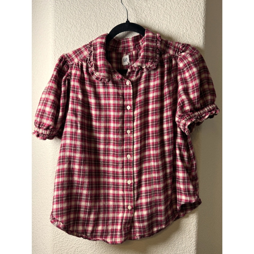 GAP Burgundy Plaid Peter Pan Collar Puff Sleeve Blouse M Cottagecore Coquette